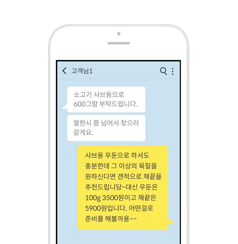 샤브샤브용 소고기를 구매하려는 고객에게 친절하게 상품 안내를 하는 카톡 1:1 문의 화면